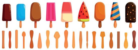 Popsicle stick icons set. Collection of delicious and refreshing ice cream on wooden sticks for hot summer days vector