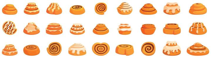 Cinnamon bun icons set. Delicious cinnamon rolls with white icing being iced in bakery window display vector