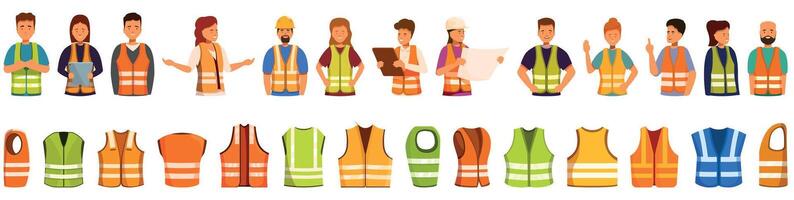Safety vest icons set. Collection of workers and reflective safety vests isolated on a white background vector