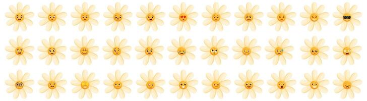 Chamomile smile icons set. Big set of yellow daisy flowers with different emotions expressing different feelings vector