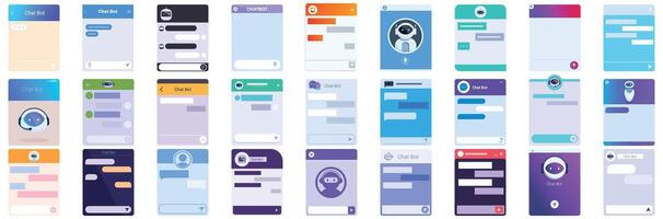 Bot window icons set. Collection of chat bot windows showing various stages of conversation vector