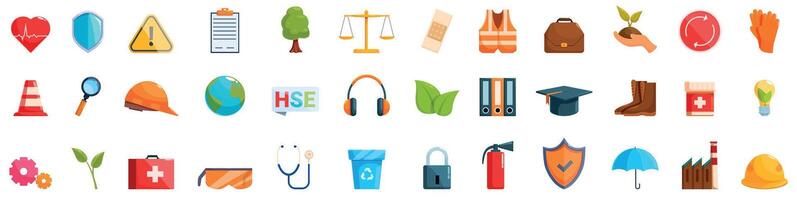 HSE icons set. Colorful set of icons representing different aspects of safety, security and environmental protection vector