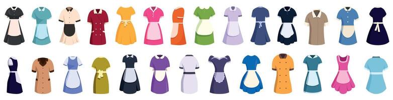 Maid uniform icons set. Large set of maid and housekeeping uniforms in different colors and styles for cleaning service vector