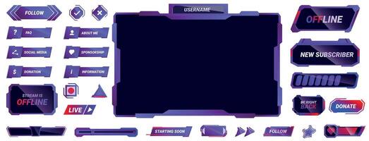 Game overlay icons set. Set of modern, colorful panels, buttons, and alerts for a live stream interface vector