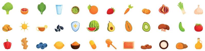 Boost immune icons set. Immune system boosting food icons set, healthy diet infographic with vitamins vector