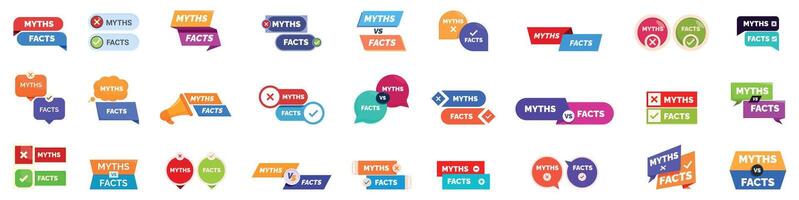 Myths facts icons set. Set of myth versus fact banners showing true or false information vector