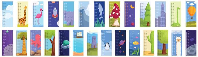 Growth ruler icons set. Set of bright children height measure with cartoon characters and objects for nursery or playroom interior design vector