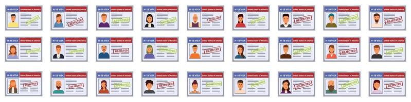 h1b icons set. Many us visa cards with approved and rejected status showing immigration issues vector