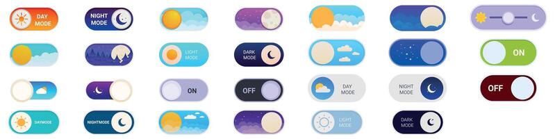 Night day mode icons set. Set of day night mode toggle switch buttons showing light and dark theme mode vector