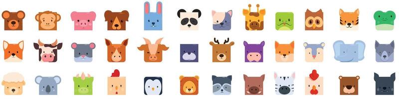 animal square face icons set. Cute square wild and domestic animals posing on a white background vector