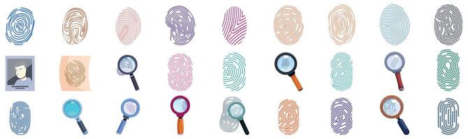 Evidence fingerprint icons set. Police detective analyzing fingerprints with magnifying glass for evidence in criminal investigation vector