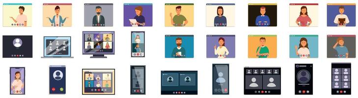 videocall icons set. conference call, online business meeting, remote working and online learning concept vector