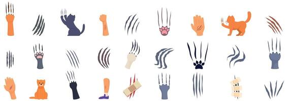 cat scratch icons set. Cat scratching claws marks set with angry pet and injured body parts vector