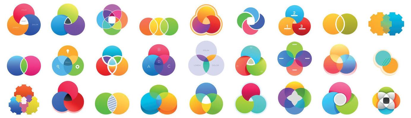 Venn diagram icons set. Set of colorful venn diagrams showing intersecting overlapping circles for business infographic presentation