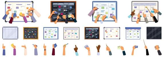 Scrum board icons set. Business team planning project using agile methodology, scrum task board with sticky notes vector