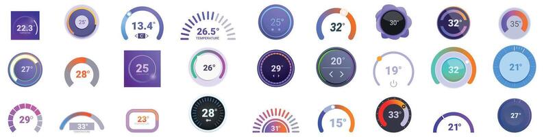 Thermostat ui icons set. Temperature control panel showing different degrees celsius vector