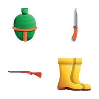 Hunter equipment icons set cartoon . Huntsman tool vector