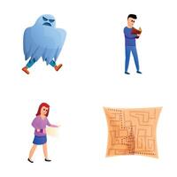 Quest game icons set cartoon . Quest participant with game accessory vector