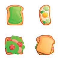 Sandwich icons set cartoon . Toasted bread with avocado and poached egg vector