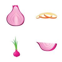 Fresh onion icons set cartoon . Whole and chopped onion vector
