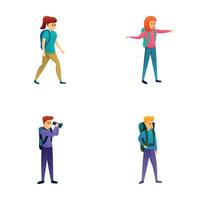 Active recreation icons set cartoon . Tourist with backpack and binocular vector
