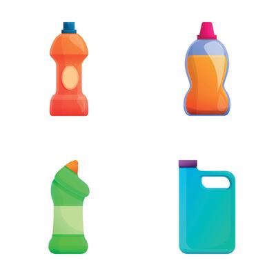 Cleaner icons set cartoon . Various plastic detergent bottle