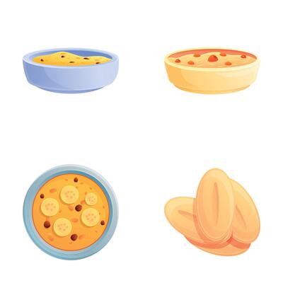 Breakfast porridge icons set cartoon . Fresh oatmeal with fruit