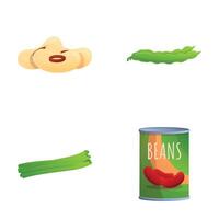 Canned bean icons set cartoon . Bean in pod and tin can vector
