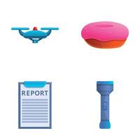 Policeman attribute icons set cartoon . Professional equipment and snack vector