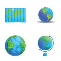 Geography icons set cartoon . World map and planet earth globe vector