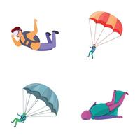 Skydiver icons set cartoon . Skydiver character flying with parachute vector