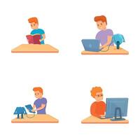Childhood activity icons set cartoon . Group of children creating robot vector