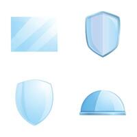 Glass shield icons set cartoon . Transparent shield and dome vector