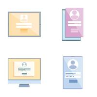 Online registration icons set cartoon . Login form page on device display vector
