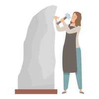 Female sculptor carving stone block with hammer and chisel vector