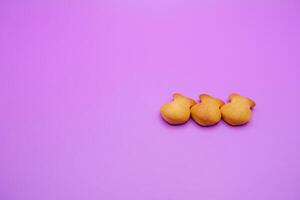 three biscuits shaped like fish isolated on a purple background photo