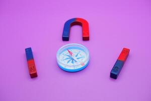 a compass, 2 bar magnets, and a horseshoe magnet isolated on a purple background photo