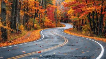 Winding Asphalt Road Through Autumn Forest Landscape photo