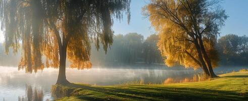 Tranquil Fall Morning by the River With Mist and Golden Trees photo