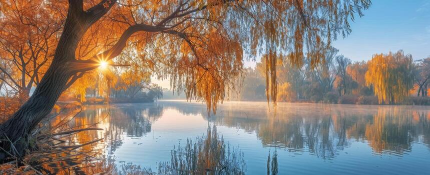 A Weeping Willow Tree Overlooking A Misty Autumn Lake photo