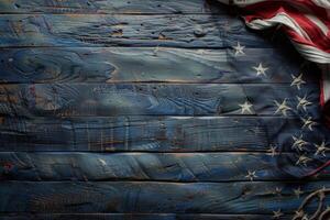 American Flag Draped on Distressed Blue Wood Background photo