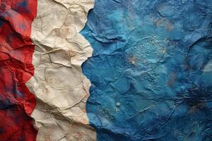 Close-Up of a Creased French Flag With Blue, White, and Red Stripes photo