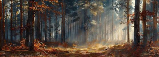 Sunlight Filtering Through Autumn Forest Trees photo