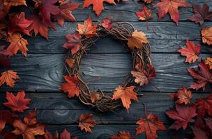 Autumn Wreath Decorated With Fall Leaves on a Dark Wooden Background photo