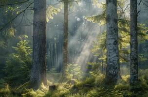 Sunbeams Through Dense Forest Fog On a Misty Morning photo