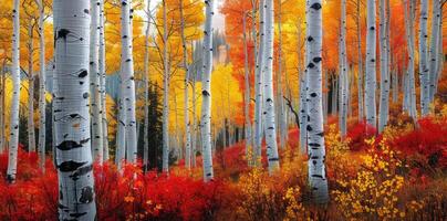 Aspen Trees In An Autumn Forest With Red And Orange Undergrowth photo