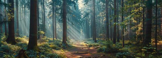 Deer Grazing in a Sun-Dappled Forest at Dawn photo