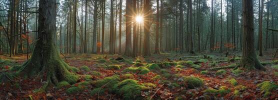 Sunbeams Filtering Through Tall Trees in a Mossy Forest photo