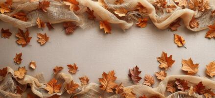 Dried Autumn Leaves and Burlap Fabric on White Background photo