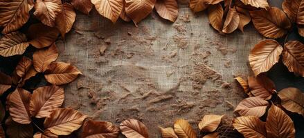 Dried Autumn Leaves Frame Brown Burlap Fabric Background photo